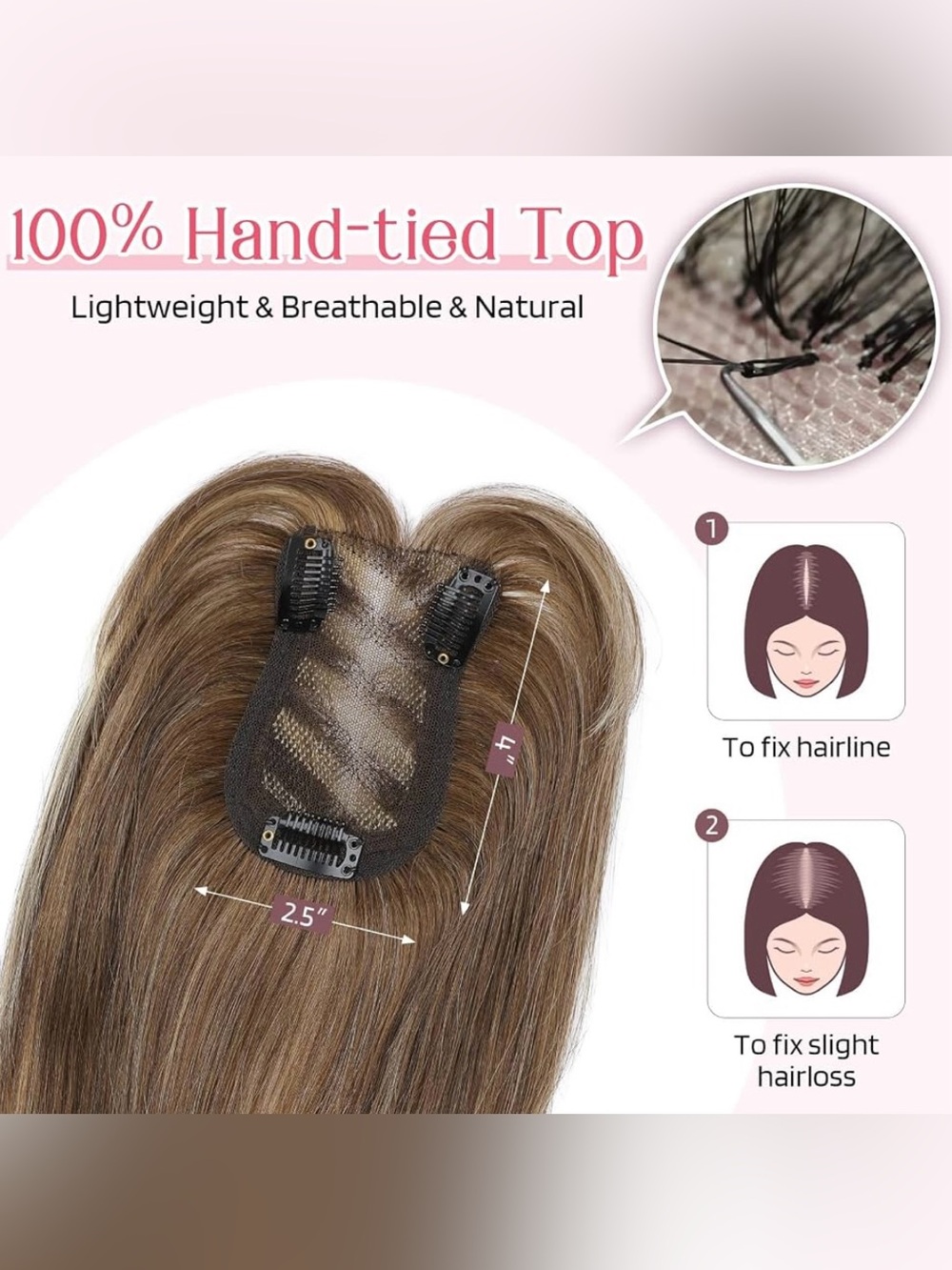 Hair Topper With 4 X 2.5” Base Hair Invisible Lace Front Med Brown W/Blonde - Picture 2 of 9